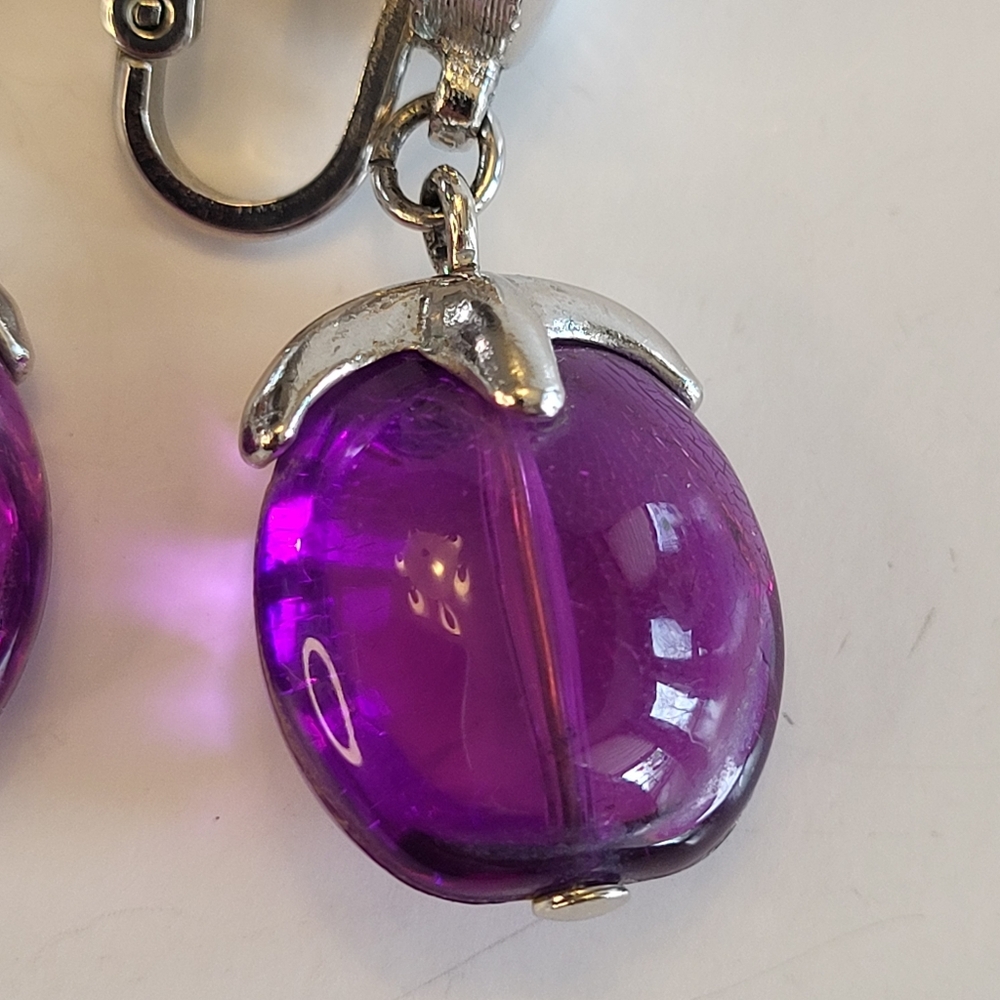 VTG Crown Trifari Silvertone Purple Lucite Dangle Clip On Earrings Waterfall 60s - Picture 4 of 15